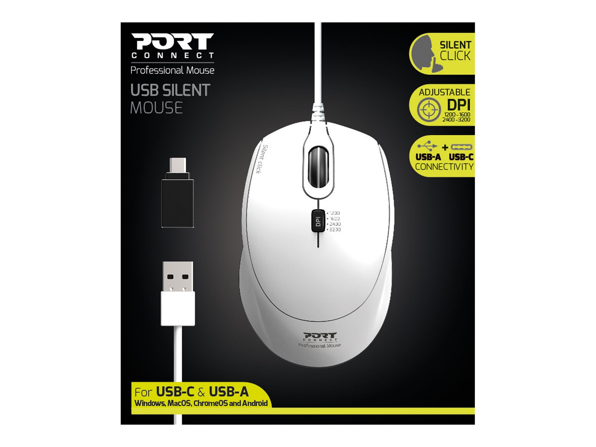 port-connect-milano-ii-souris-filaire-usb-a-usb-c-silencieuse-blanche image 2