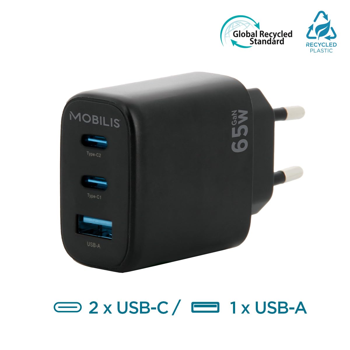 mobilis-t-series-chargeur-secteur-65w-gan-2x-usb-c-usb-a-pour-pc-tablette-smartp image 2