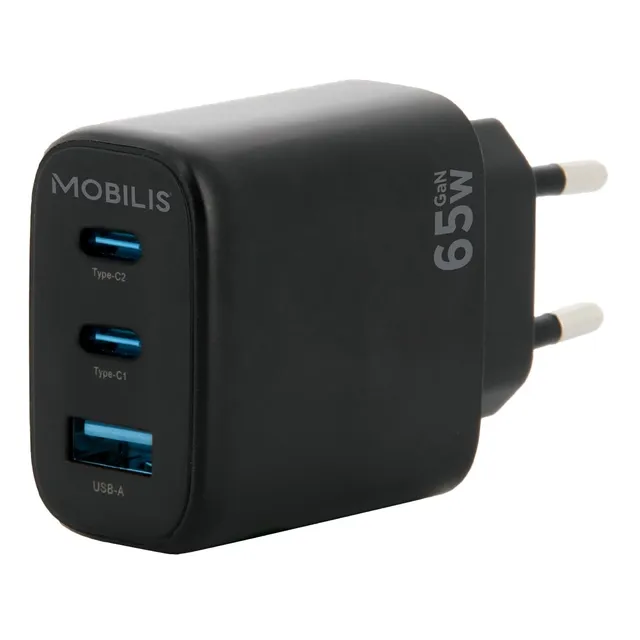 mobilis-t-series-chargeur-secteur-65w-gan-2x-usb-c-usb-a-pour-pc-tablette-smartp image 1