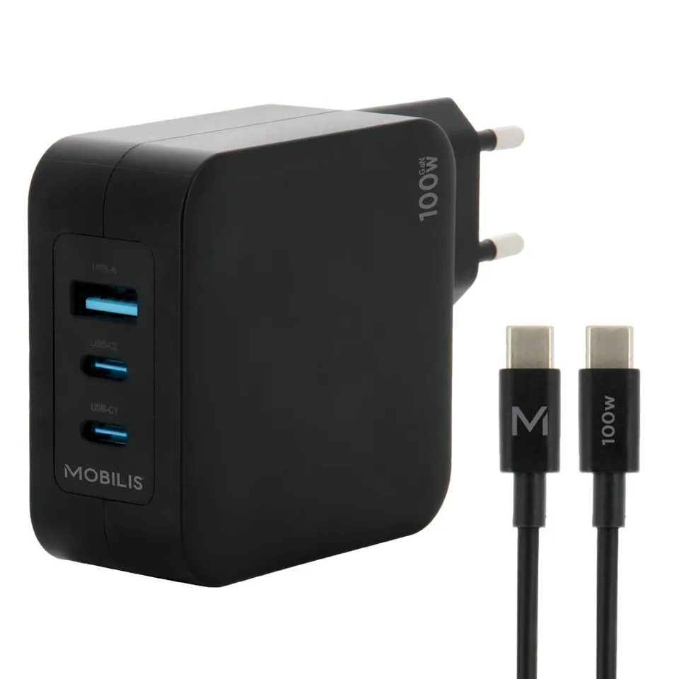 mobilis-chargeur-secteur-gan-100w-2-usb-c-1-usb-a-avec-c-ble-2m image 1