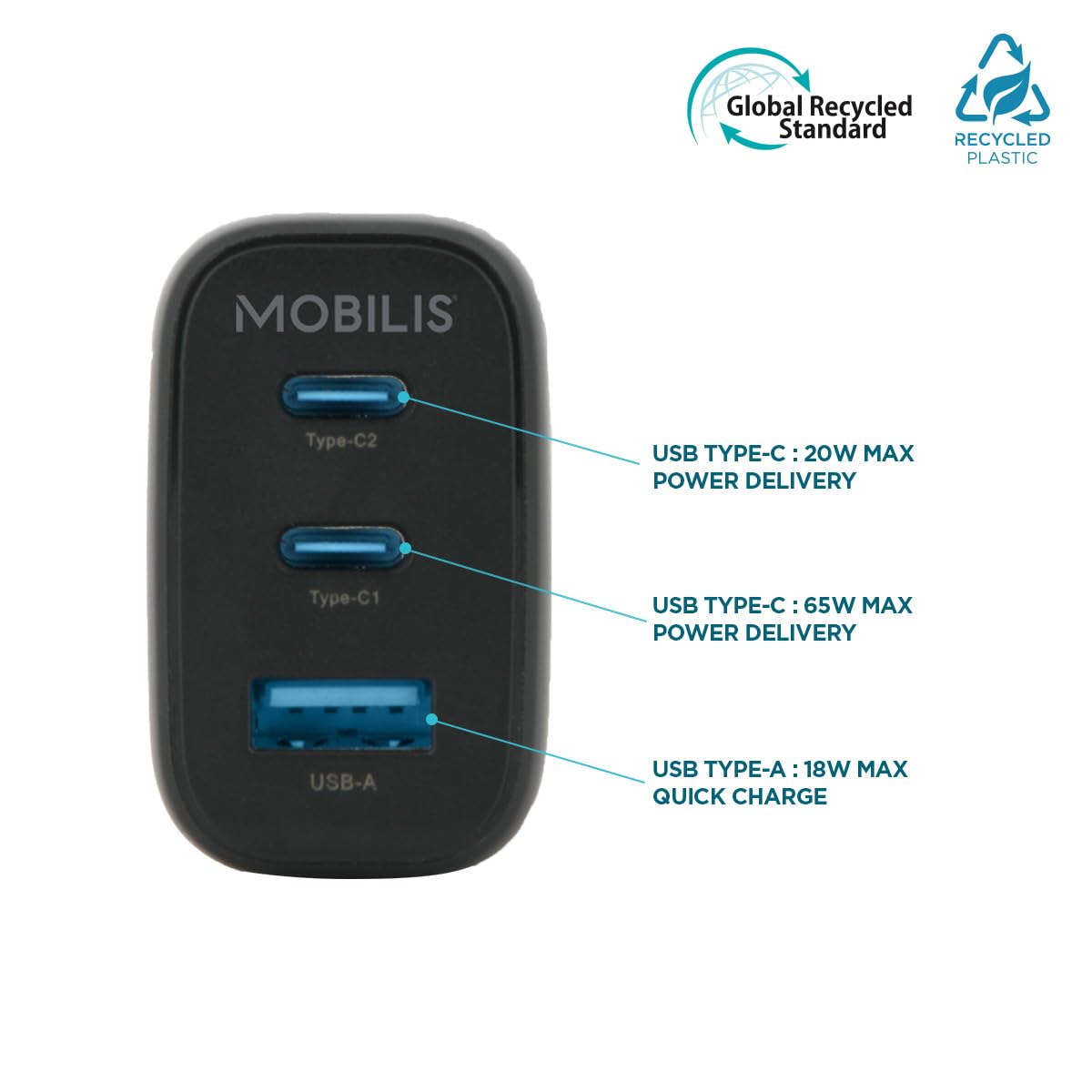 mobilis-t-series-chargeur-secteur-65w-gan-2x-usb-c-usb-a-pour-pc-tablette-smartp image 3