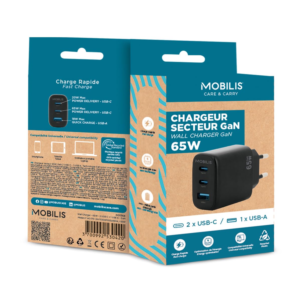 mobilis-t-series-chargeur-secteur-65w-gan-2x-usb-c-usb-a-pour-pc-tablette-smartp image 6